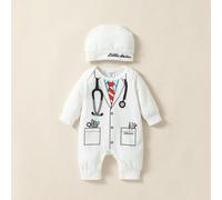 Costume de bébé garçon Combinaison à manches longues imprimée Mini Docteur avec chapeau brodé, pour un usage quotidien, décontracté, à la fête, en automne 6-9M,0-1M,1-3M,3-6MCartoon,Géométrique,Lettre