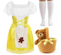 Costume de boucle d'or pour fille - Robe de conte de fées vichy jaune avec tablier blanc, chaussettes et ours en peluche dans un panier - Déguisement classique de personnage de livre d'histoires pour