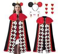 Costume de cape à cœurs pour adultes, cape de reine pour femmes, 4 pièces, cape de reine à cœurs rouge-noir, 130 cm, avec bandeau, boucles d'oreilles, autocollant pour le visage, cape de reine pour