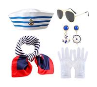 Costume de capitaine de la marine - Lot de 5 yachts, chapeau, écharpe, gants, boucles d'oreilles, costume de cosplay nautique | Servir pour une longue fête de croisière, jeux de rôle à la voile
