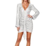 Costume de carnaval 2026 - Robe moulante décontractée à manches longues avec plis profonds séduisants - Bande élégante avec paillettes scintillantes pour une soirée ou, Blanc., XXL