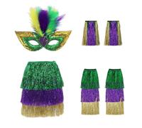 Costume de carnaval à paillettes pour femme - Ensemble d'accessoires de carnaval des années 80 - Vert violet et doré - Avec jupes à paillettes, serre-tête à plumes, masques vénitiens, jambières
