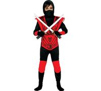 Costume de carnaval de guerrier ninja Rouge Noir Costume de carnaval à capuche Samouraï combattant fougueux Camouflage Costume pour enfants Haut Pantalon Masque, Taille : 98/104 Couleur : Rouge