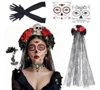 Costume de carnaval d'Halloween pour femme Dia de Los Muertos - Tatouages de visage et voile de 80 cm et gants longs, vous transforme en quelques secondes pour la fête des morts mexicaine et Halloween