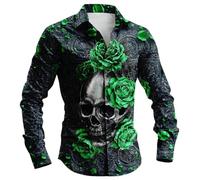 Costume De Carnaval Halloween Homme Chemise DéContractéE êTe De Mort Imprimé 3D Manches Longues BoutonnièRe HawaïEnne Vintage avec Col Montant Respirante Chemise Fete Chic