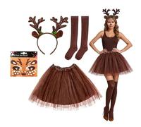 Costume de carnaval pour femme, costume de chevreuil, jupe en tulle marron, serre-tête de chevreuil, chaussettes, tatouage pour le visage, tutu, tutu, costume amusant et festif, costume d'animaux