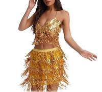 Costume de carnaval pour femme - Costume de danse du ventre - Jupe à paillettes sexy - Dos nu - Jupe à franges - Club Latin Belly Dance Rave