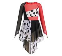 Costume de carnaval pour fille - Dalmatien Cruella Deville - Déguisement de carnaval, d'anniversaire, de fête, cosplay - Noir et blanc - Manches longues - Robe de performance - Noir à pois - 9-10 ans