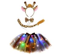 Costume de carnaval pour fille - Éclairage LED - Jupe de ballet - Bandeau de tête - Nœud papillon - Queue de cheval - 4 pièces (marron, 3-5 ans)
