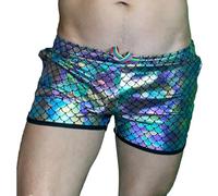Costume de carnaval pour homme - Short de bain arc-en-ciel avec motif écailles de poisson brillant - Tenue disco - Short de bain avec cordon de serrage - Taille élastique - Boîte de nuit
