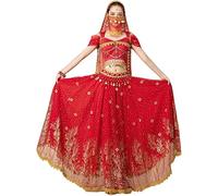 Costume de carnaval professionnel 6 pièces pour femme - Costume de danse orientale - Costume de Bollywood - Hauts et jupe longue de festival, Rouge 6fang, XL