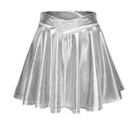 Costume de carnaval taille haute plissée unie jupe courte jupe ample jupe patineuse métallique scintillante brillante évasée plissée trapèze mini jupe, argenté, XS