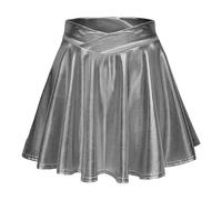 Costume de carnaval taille haute plissée unie jupe courte jupe ample jupe patineuse métallique scintillante brillante évasée plissée trapèze mini jupe, gris, XS