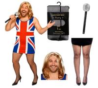 Costume de cerf pour adultes - Robe Union Jack avec perruque, microphone et collants assortis, déguisement amusant inspiré des années 90 pour enterrement de vie de garçon et fêtes, taille M