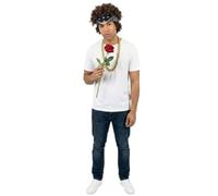 Costume de chanteur pop star - T-shirt blanc, bandana noir, perruque afro noire, chaîne dorée et fleur rose rouge - Costume de tournée musicale romantique pour concerts, tournées d'Halloween