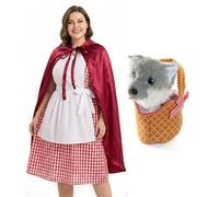 Costume de chaperon rouge et panier pour femme - Cape rouge avec capuche, robe rouge et blanche, avec tablier blanc, panier doux et loup gris - Parfait pour le déguisement de la journée mondiale du