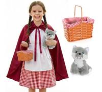 Costume de chaperon rouge pour enfant - Robe vichy rouge et blanc 4 pièces avec tablier blanc attaché et cape rouge, panier en plastique et loup en peluche - Costume d'Halloween pour fille