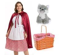 Costume de chaperon rouge pour femme - Taille M - Robe tablier vichy, cape, panier vichy en plastique et jouet en peluche - Costume de livre d'histoires pour la journée mondiale du livre