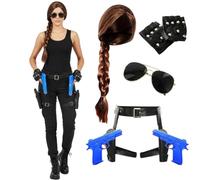 Costume de chasseur de tombes pour femme - Gilet noir, perruque tressée marron, aviateurs, ceinture holster et gants sans doigts, 2 pistolets jouets bleus - Déguisement de film et Halloween - Taille S