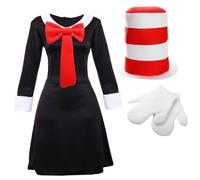Costume de chat fou pour femme - Taille L - Robe noire et blanche - Chapeau rayé rouge et blanc - Nœud papillon rouge et gants blancs - Déguisement pour la semaine du livre pour enfants