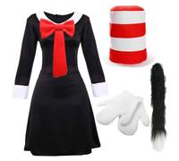 Costume de chat fou pour femme - Taille S - Robe noire et blanche - Nœud papillon rouge et blanc - Chapeau rayé rouge et blanc - Gants - Queue de chat - Déguisement pour la semaine du livre - Costume