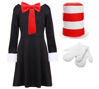 Costume de chat fou pour fille - Robe noire et blanche, nœud papillon rouge, chapeau rayé rouge et blanc, gants blancs - Déguisement pour la semaine mondiale du livre - Costume nœud papillon rouge 4/6