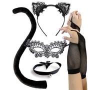 Costume de chat noir pour femme, masque d'Halloween, oreilles en dentelle, gants, queue, collier ras du cou, noir, taille unique