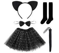 Costume de chat pour fille - Avec oreilles de chat - Serre-tête + queue de chat + nœud papillon + jupe tutu + chaussettes - Serre-tête noir avec oreilles de chat - Pour fille de 2 à 8 ans - Pour