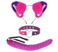 Costume de chat rayé rose et violet 3 pièces, Accessoires de déguisement pour fête costumée, oreilles de chat, bandeau, queue en fourrure et ras-du-cou en polyuréthane pour Cosplay, fête pour femme
