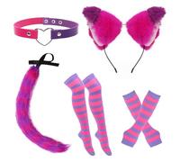 Costume de chat rayé rose et violet 7 pièces en fausse fourrure duveteuse avec oreilles, bandeau, chaussettes, queue, gants, ras-du-cou