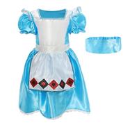 Costume de chérie pour fille - Taille XL - Robe satinée bleue, tablier attaché avec décoration de costume de carte à jouer - Déguisement pour enfants