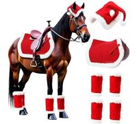 Costume de cheval de Noël - Lot de 6 bandages de jambes de Père Noël avec fausse fourrure, chapeau de cheval et tapis de selle, accessoires de costume de cheval de Noël en polaire rouge