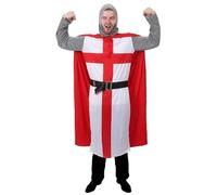 Costume de chevalier croisé médiéval pour adulte - XXL - Tunique avec drapeau de l'Angleterre, cape rouge, coiffe aspect cotte de mailles de mailles - Costume pour homme Cœur de lion Roi Arthur St