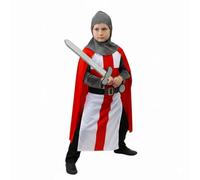 Costume de chevalier médiéval pour enfants - Tunique croisée avec cape rouge, capuche et manches en maille de maille de mailles et épée en mousse de 45 cm - Déguisement pour garçons - Pour Halloween