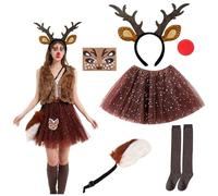 Costume de chevreuil pour femme avec jupe en tulle marron, serre-tête en bois, tatouage du visage de chevreuil, chaussettes, nez rouge lumineux avec queue de renne Costume adulte femme pour carnaval