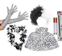 Costume de chien maléfique pour femme - Perruque ondulée, cape dalmatienne, boa à plumes, gants dalmatiens, porte-cigarettes, fausses cigarettes - Déguisement pour adultes