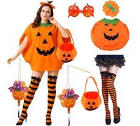 Costume de citrouille d'Halloween 6 pièces pour enfants et adultes - Comprend un déguisement, des chaussettes, des lunettes et un sac à main, une béquille de vélo réglable en hauteur, une béquille de