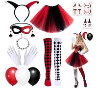 Costume de clown d'Halloween 13 pièces pour femme - Costume de bouffon - Accessoires pour Halloween, carnaval, cosplay, fête - jupe, chaussettes, bandeau, gants, masque pour les yeux, masque pour les