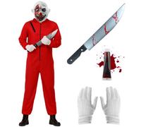 Costume de clown d'horreur pour adultes - Combinaison rouge, masque de clown, bouteille de faux sang, gants blancs et fausse machette avec sang - Déguisement effrayant d'Halloween pour adultes