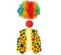 Costume de clown pour adulte pour fête d'Halloween comprenant des cheveux arc-en-ciel, un nœud papillon, des gants, un gilet et des accessoires colorés, une tenue de cosplay pour adulte