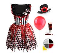 Costume de clown tueur de luxe pour femme - Taille S - Robe de clown - Perruque rouge, gants blancs, ballon rouge, peinture faciale, faux sang - Déguisement d'Halloween pour adultes