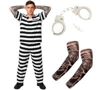 Costume de condamné rayé pour adultes - Tenue de prisonnier avec poignets et manches tatouage - Déguisement d'Halloween pour adultes et adolescents