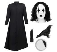 Costume de corbeau pour adultes - Standard - Manteau long noir, perruque noire ondulée, accessoire corbeau, rouge à lèvres et peinture pour le visage - Parfait pour les déguisements de personnages de