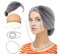 Costume de cosplay 100 jours d'école pour enfants - Accessoires de costume pour vieille femme - Collier de fausses perles, collier, lunettes, perruques, filet à cheveux - Costume de grand-mère