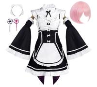 Costume De Cosplay Anime Pour Femme Pour Rem Ram Re Zero Robe Tenue Uniforme De Femme De Ménage Ensemble Complet Avec Perruque Chapeaux Fête D'halloween (Rose,L)