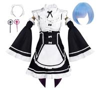 Costume De Cosplay Anime Pour Femme Pour Rem Ram Re Zero Robe Tenue Uniforme De Femme De Ménage Ensemble Complet Avec Perruque Chapeaux Fête D'halloween (Bleu,L)