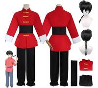 Costume de Cosplay Tendou Akane pour Homme, Uniforme Ranma 1/2, Haut Rouge, Pantalon, Ceinture, Ensemble Complet de fête d'halloween, Carnaval, Costume avec Perruque pour Homme