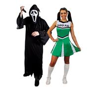 Costume de couple Screamer pour adultes - Petite robe noire, masque, faux couteau et petite robe de pom-pom girl verte - Costume d'Halloween pour adultes et femmes