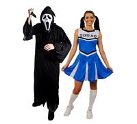 Costume de couple Screamer pour adultes - Petite robe noire, masque, faux couteau et robe de pom-pom girl bleue XL - Costume d'Halloween pour adultes et femmes
