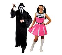 Costume de couple Screamer pour adultes - Robe noire, masque de crieur, faux couteau et petite robe de pom-pom girl rose - Costume d'Halloween pour adultes et femmes